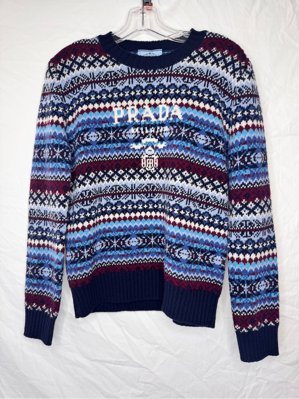 Prada SZ 40 Women’s Navy Multicolor Wool Crewneck Sweater 2022 Collection